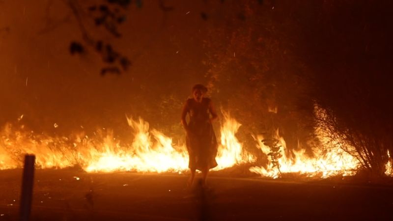 Video captures moment woman walks through wildfire flamesVideo captures moment woman walks through wildfire flames 